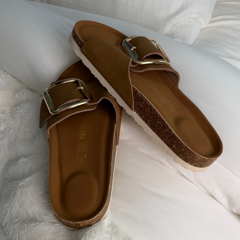 Project 62 Tan Slide Sandals with Oversized Gold Buckles